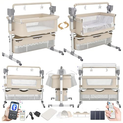 Magic ZC Elektrische Bluetooth Intelligent Beistellbett Baby mit Rollen, Convertible Faltbar Co-Sleeping Babybett, Fernbedienung, 5-schwankende Zahnräder, Stubenwagen Wiege mit Musik (601 Beige)