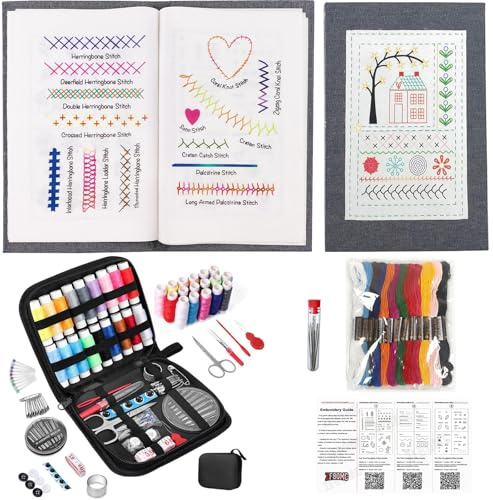 2026 Upgrade Stickbuch Set für Anfänger, Tragbares DIY Embroidery Kit mit Leinen, 99-teiliges Komplettes Nadel & Faden Set, Schritt-für-Schritt Videoanleitungen, Bastelgeschenk für Erwachsene