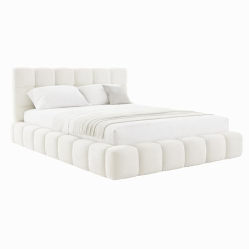 Luxury Boucle Fabric Upholstered Bed Frame with 40-Inch Headboard, Slatted Base, Modern Style – Double & King Size (Teddy ivory white, 4FT6 Double)