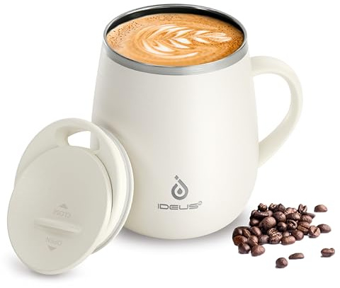 Ideus 460ml Insulated Coffee Mug with Lid and Handle (White 2.0) | Double wall stainless steel; thermal cup; keeps drinks hot or cold; ideal for home office travel