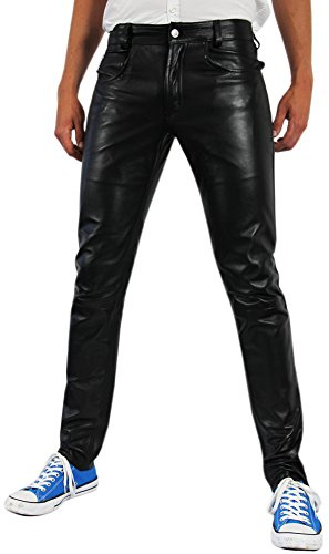 Bockle Läderjeans läderbyxor läderrör slim fit tub lamb, svart, 31W / 32L