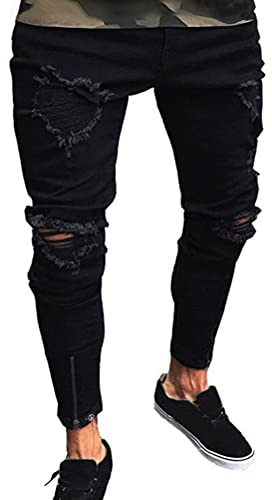 shownicer Jeans Déchiré Homme Pantalon en Denim Skinny Slim Fit Stretch Élastique Serré Trou Biker Jeans Casual Vintage B Noir XL