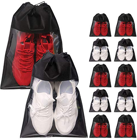 12 Pack Portable Shoe Bags for Travel Large Shoes Pouch Storage Organizer Clear Window with Drawstring for Men and Women Black