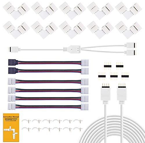 REDTRON Led Strip Connectors Kit, 10mm RGB Led Light Connector Includes 10x L Shape Connectors,2M LED Strip Light Extension Cable,4X Strip to Strip Jumpers,5X 4 Pin Male Connectors