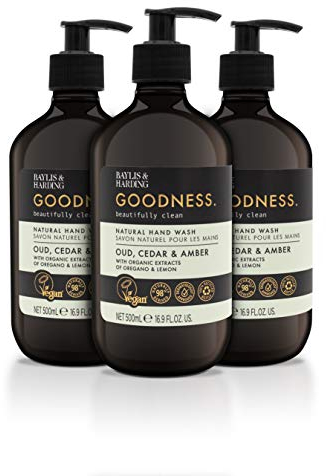 Baylis & Harding Goodness Oud, Cedar & Amber Natural Hand Wash, 500ml (Pack of 3) - Vegan Friendly