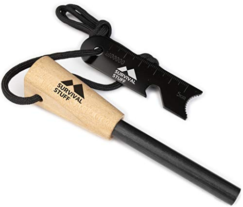 Survival Stuff Feuerstahl Tann - Feuerstarter aus Magnesium mit Holzgriff und Schaber - Perfektes Outdoor Feuerzeug - Bei Nässe Immer einsatzbereit