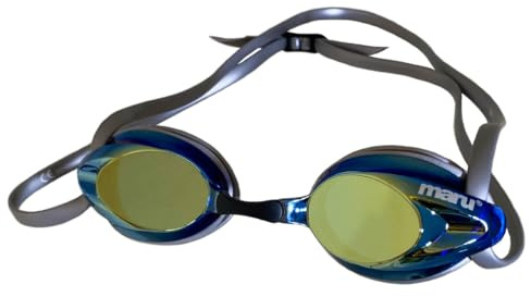 MARU Pulse Racing Swim Goggles (Silver/Blue/Gold) – Adult Swimming Goggles with Anti-Fog Mirror Lenses – Low-Profile Fit, Adjustable Nose Bridge & Soft Silicone Seal – Ideal for Competitive Swimmers