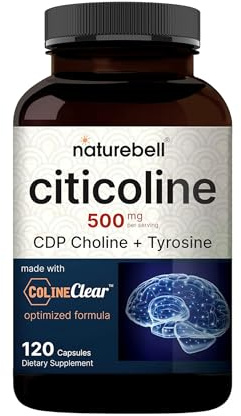 NatureBell Citicoline 500mg - 120 Capsules - Brain Function Support for Adults - Memory & Focus Aid with CDP Choline & Tyrosine - Fast-Absorbing Formula* - Non-GMO & Gluten-Free