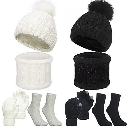 8 Stück Wintermütze Mütze Schal Handschuhe Set Damen Pompon Schädelmützen Nackenwärmer Schals Touchscreen Handschuhe Socken Set (Schwarz, Weiß, Cremeweiß, Grau)
