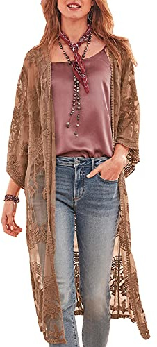 YouKD Cárdigan largo de encaje para mujer, estilo vestido o kimono, para llevarlo a la playa con el bañador debajo, marrón, talla única