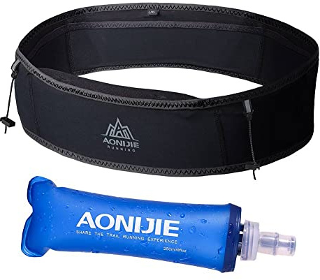 AONIJIE Running Belt Fanny Pack with 250ml Soft Water Bottle Flask for Women Men, Moisture Wicking Waist Pack Great for Marathon Climbing Jogging Cycling, for 6.8in Mobile Phone (Full Black: M/L)