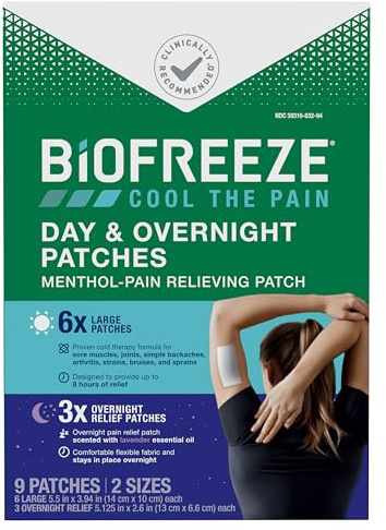 Biofreeze Day & Overnight Pain Relief Patches, Menthol Pain Patches for Arthritis & Muscle Pain Relief, Comfortable & Flexible Fabric Stays in Place, 9 Patches (6 Day, 3 Night)