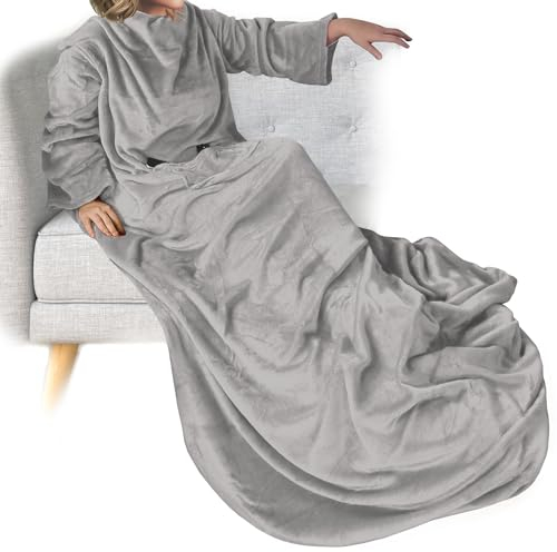 DILUMA Ärmeldecke Deluxe - Kuscheldecke mit Ärmeln - Fußtasche und Taschen - Tragbare Couchdecke - Super Weich, Wärmend, Allergikergeeignet - Sofadecke, Farbe:Hellgrau, Größe:170x200 cm