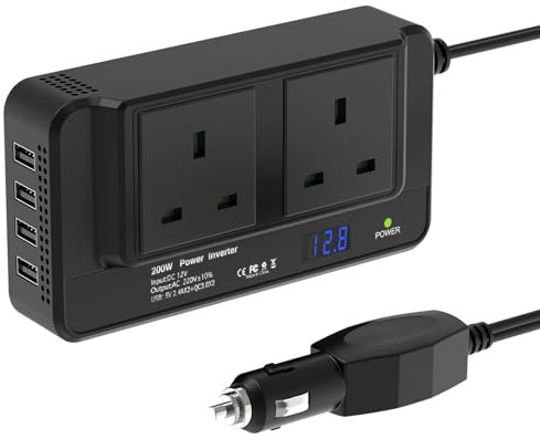 200W Power Inverter Car Charger DC 12v to AC 240v UK with 3 Pin Plug and 4 USB Ports Fast Charging Car Charger with Cigarette Lighter Plug for Laptop, iPad, iPhone