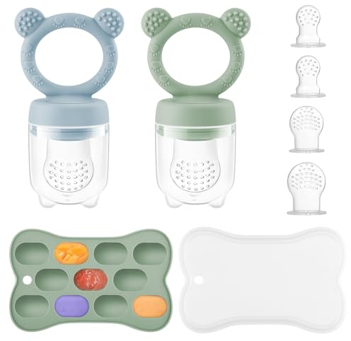 Fruchtsauger Baby, Baby-Früchte-Futterspender-Set, Mit Babynahrungs-Aufbewahrungsbehälter, Baby Obst Milchpumpe und Ersatz Silikon Schnuller, Geeignet für Baby 4 bis 24 Monaten Silikon-Futterspender