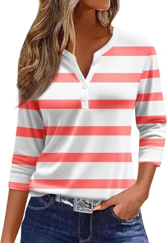 Arevill T-shirt à manches 3/4 pour femme - Rayé - Col en V - Décontracté - Rayures Henley, M