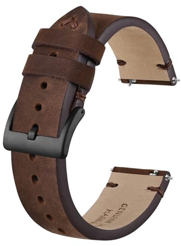 BISONSTRAP Bracelet de Montre en Cuir Vieilli, Bracelets de Rechange pour Hommes, Dégagement Rapide, 22mm, Marron Café (Boucle Noire)