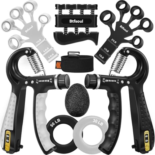Grip Strength Trainer Kit with Hand Gripper Strengthener, Finger Exerciser, Forearm Workout Ring, Double-Sided Finger Stretcher(Gripster) and Stress Relief Ball (black grey)