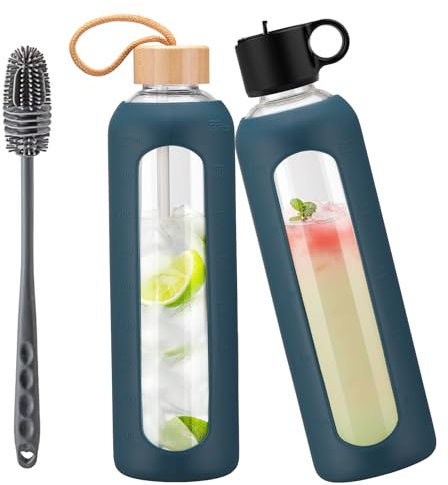 HYDRAGLAZIC 950ml Glass Water Bottle With 2 Lids-Flip Straw Lid, Bamboo Lid, Glass Water Bottle With Silicone Sleeve, Motivational Time Marker, Glass Juice Bottle for Cold Drink,Navy Blue