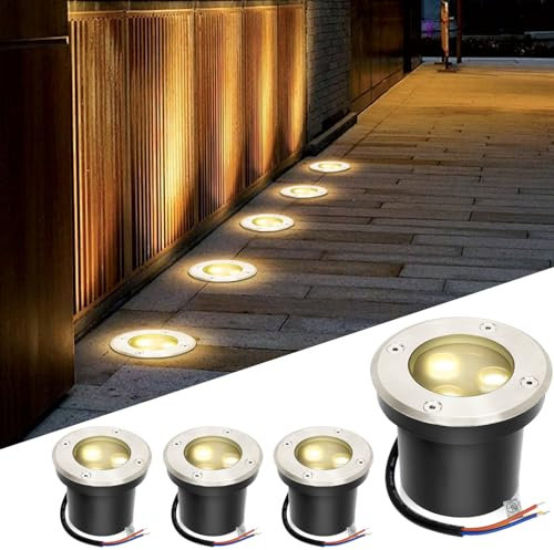 Fiqops 4er Set Bodenstrahler außen mit LED 3W Warmweiß Lich IP65,Bodeneinbaustrahler aussen Schwarz matt rund,Bodenleuchten befahrbar 230V,Bodeneinbauleuchten für Boden Garten Pool Pflanzen