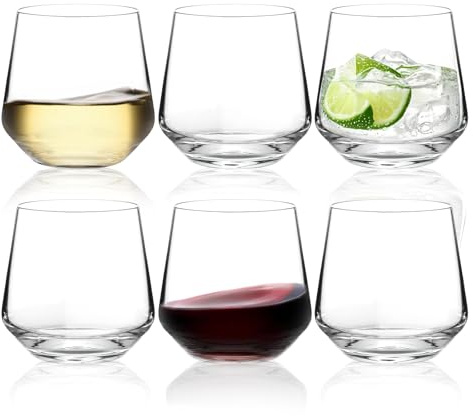 Ausune 6pcs Stemless Wine Glasses for Red, White, Rose Wine, Gin, Cocktail，Juice, 410ml，Modern Design Drinking Glasses Set