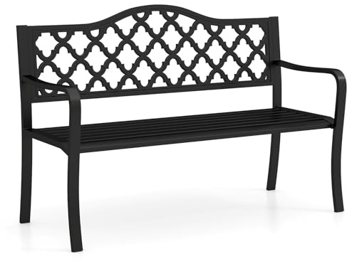 COSTWAY Banco de Metal con Listones para Jardín Exterior, 2 Plazas, Respaldo y Reposabrazos, Carga hasta 300 kg, 54 x 128 x 89 cm, Forja para Parque y Terraza