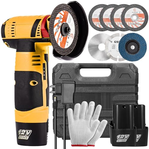 Mini Amoladora Angular, Radial de Batería 19500 RPM, 76mm Amoladora Profesional, con 2 Baterías, 7 Discos Corte, ara Esmerilar, Pulir, Cortar