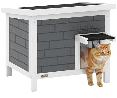 PawHut Outdoor Cat House Insulated, Wooden Weatherproof Feral Cat Shelter with Openable Asphalt Roof, Plastic Door Flaps, Rabbit Hutch for Bunnies, for Winter Outside, 61 x 51 x 53.5 cm, Grey