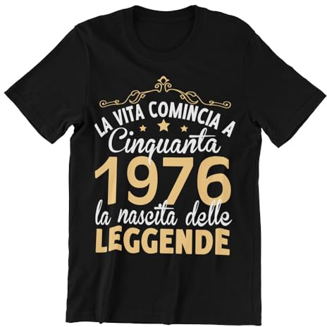 Vulfire Maglietta Uomo 50 Anni Compleanno Idea Regalo Originale per Festa Cinquantesimo, Nato nel 1976, La Vita Comincia a Cinquanta, Nascita delle Leggende (IT, Testo, M, Regular, Regular, Nero)