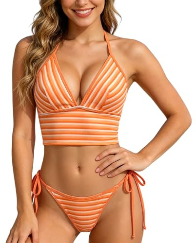 Snygg randig bandeau tankini orange mönstrad tvådelad baddräkt för kvinnor eleganta strandkläder med modern design, apelsin, M