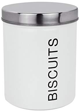Harbour Housewares Round Metal Biscuit Tin - White - 14cm - Kitchen Biscuit Barrel Box Storage Canister Cookie Jar Caddy Container with Rubber Airtight Lid