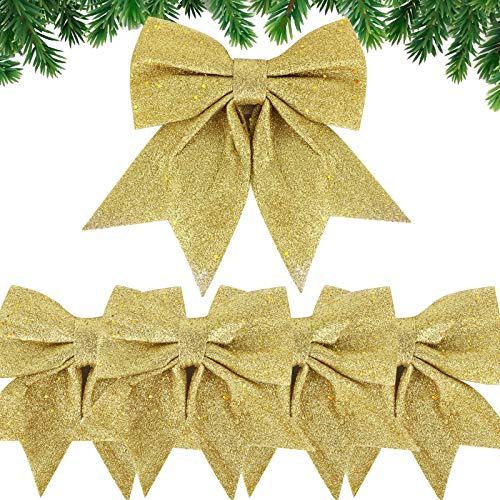 BHGT 5pcs Lazos Grandes para Árbol de Navidad Dorados 24cm Lazos de Navidad Colgantes Adornos Navideños Decoración Regalos Casa