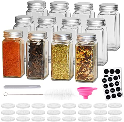 12 Stück 120 ml Gewürzgläser eckig mit Streueinsatz | Aus schönem Glas mit Deckel | 5 in 1 Set für edle Gewürzaufbewahrung mit Gewürzetiketten, Trichter, Bürste & Kreidestift