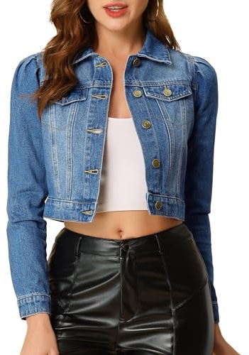 Allegra K Chaqueta de mezclilla lavada con botones y manga larga de mezclilla corta de algodón para mujer Azul S