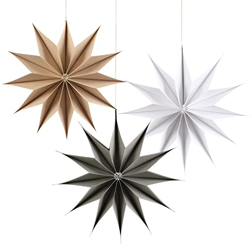 EASY JOY Estrella de Navidad de Papel, 29 cm, decoración para Fiestas, decoración de Navidad, decoración de Ventana, Estrellas Plegables para Colgar, 3 Unidades, Madera, Color Negro y Blanco
