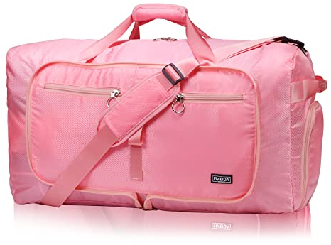 Fmeida 65L Foldable Travel Duffle Bag, Lightweight Waterproof Weekend Luggage with Shoes Compartment, Large Overnight Holdall Tote, Pink