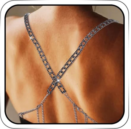 IYOU Bling Cristallo Spalline del Reggiseno Nero Strass Supporto per Cinturino del Reggiseno Titolare Antiscivolo Nightclub Bikini Spalla Catena Gioielli per Donne Reggiseno Top Abito(2 Pezzi)