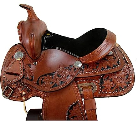 Mini selle de poney western en cuir noir à motif floral pour enfants ME-WLS-231 (siège de 28 cm)