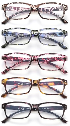 JOLISU Gafas de lectura para mujer y hombre - Pack de 5 gafas de lectura de moda para mujer con protección contra la luz azul y bisagra con resorte（1.25）