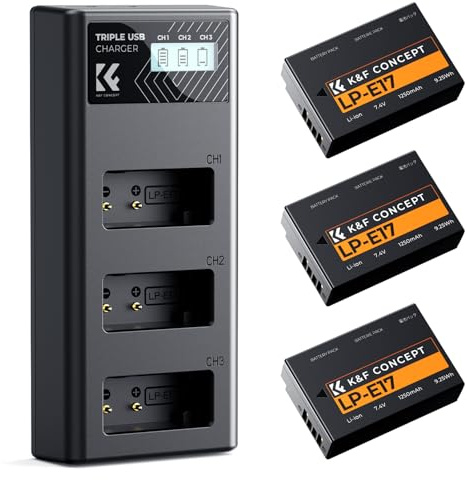 K&F CONCEPT 3-Pack LP-E17 Battery and Upgraded 3-Slot LCD Charger Compatible with Canon EOS R50 R100 RP R10 R8, Powershot V1, T8i T7i T6i T6s SL2 SL3 M3 M5 M6 200D 750D 760D 800D 8000D Camera