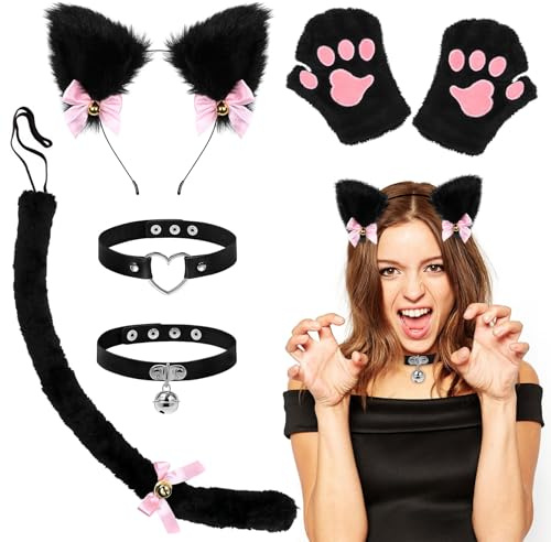 Herbst Costume de chat noir avec oreilles de chat pour femme | Bandeau pattes gants col queue fête Halloween carnaval animal cosplay