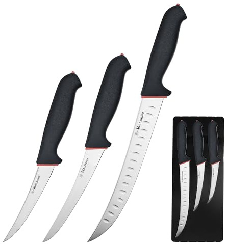 HALSENX 3PCS Butcher Knife Set with Non-Slip SoftGrip, Professional Meat Cutting & Deboning Kit, 5 Stiff Boning, 6 Semi-Flex Curved Boning & 10 Breaking Knife