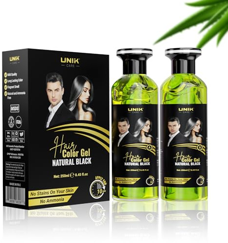 UNIK Care Organic Hair Colour Gel Natural Black – Ammonia-Free Temporary Dye with Argan Oil & Fruit Vinegar, 100% Grey Coverage, No Skin Staining – Easy to Use for Men & Women – Beard & Hair, 2x250ml