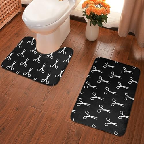 JZDACH Bathroom Funny Party Decoration Rugs 2 Piece Set for Toilet U Shaped Contour Floor Decor, Anti Slip & Quick Dry Memory Floor Mat Water Absorbent Rug Barber Scissors Black