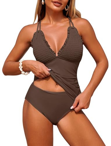 ZAFUL Bathing Suit for Women Tummy Control Swimsuits High Waisted Two Piece Tankinis Cute Retro Smocked Push Up Tankini with Adjustable Straps Slimming Full Coveraged Tankinis Swimwear Brown XL