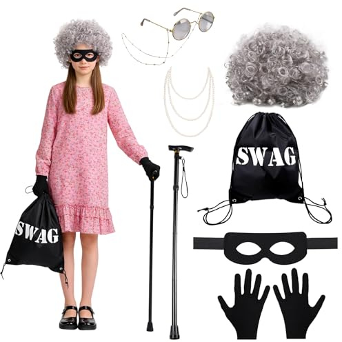 gyoyede Gangster Granny Costume Set,World Book Day Costumes for Teens 2026 - Grey Wig, Robber Eye Mask, Swag Bag, Pearl Necklace and Cane for Storybook WBD Fancy Dress Up Cosplay Party Accessories