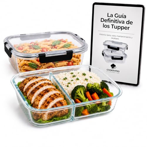 Cookbypro Set Tuppers de Cristal Herméticos + Ebook de Recetas. 1 Tupper de Cristal Compartimentado 1200ml + 1 Taper de Vidrio 1200ml + Ebook con más de 50 Recetas para Tuppers