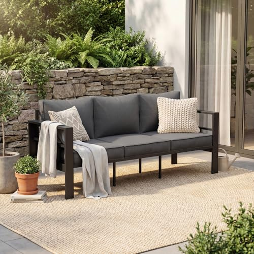 UDPATIO Aluminium 3-Seater Garden Sofa, All-Weather Modern Outdoor Couch with Thickened Cushions, Metal Patio Seating Garden Furniture for Balcony, Garden, Porch & Terrace (Grey Cushions)