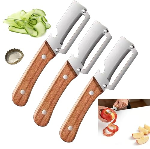 3 Piezas Pelador vegetal multifuncional, Pelador Multifuncional 2 en 1 con abridor de botellas, Ideal para frutas y verduras, Perfecto para cocinar, picnics y acampadas (3 Pcs)