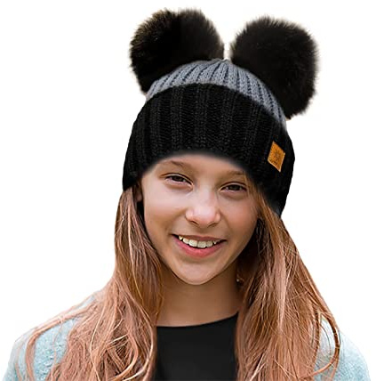 4sold Rita Barnmössa för vintern, stil beanie, stickad mössa med pälstofs, toppluva, huvudbonad, skidåkning, snowboard, En Storlek